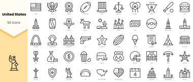 Birleşik Devletler Simgeleri seti. Basit çizgi sanat simgeleri paketi. Vektör illüstrasyonu
