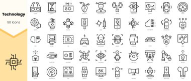 Teknoloji Simgeleri. Basit çizgi sanat simgeleri paketi. Vektör illüstrasyonu