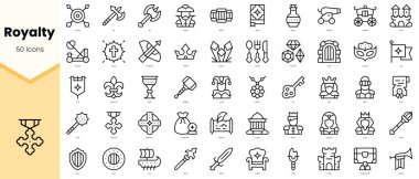 Bir grup kraliyet simgesi. Basit çizgi sanat simgeleri paketi. Vektör illüstrasyonu