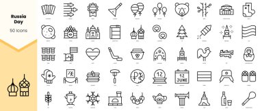 Bir dizi Rusya günü ikonu. Basit çizgi sanat simgeleri paketi. Vektör illüstrasyonu