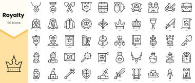 Bir grup kraliyet simgesi. Basit çizgi sanat simgeleri paketi. Vektör illüstrasyonu