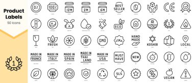 Ürün etiketleri simgeleri. Basit çizgi sanat simgeleri paketi. Vektör illüstrasyonu