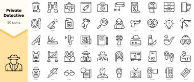 Bir dizi özel dedektif Icons. Basit çizgi sanat simgeleri paketi. Vektör illüstrasyonu