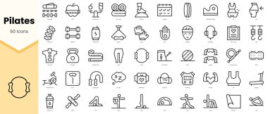 Basit pilates simgeleri seti. Basit çizgi sanat simgeleri paketi. Vektör illüstrasyonu