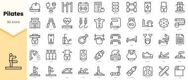 Bir grup pilates ikonu. Basit çizgi sanat simgeleri paketi. Vektör illüstrasyonu