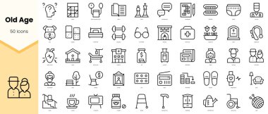 Yaşlılık Simgeleri seti. Basit çizgi sanat simgeleri paketi. Vektör illüstrasyonu