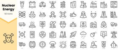Bir dizi nükleer enerji ikonu. Basit çizgi sanat simgeleri paketi. Vektör illüstrasyonu