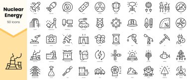 Bir dizi nükleer enerji ikonu. Basit çizgi sanat simgeleri paketi. Vektör illüstrasyonu