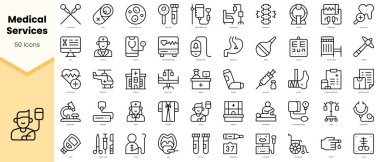 Tıbbi servis simgeleri seti. Basit çizgi sanat simgeleri paketi. Vektör illüstrasyonu