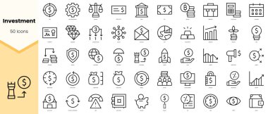 Yatırım Simgeleri. Basit çizgi sanat simgeleri paketi. Vektör illüstrasyonu