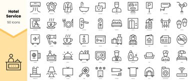 Otel servis simgeleri seti. Basit çizgi sanat simgeleri paketi. Vektör illüstrasyonu