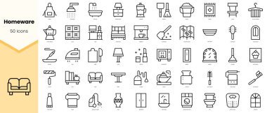 Ev yazılımı simgeleri seti. Basit çizgi sanat simgeleri paketi. Vektör illüstrasyonu