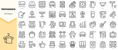 Ev yazılımı simgeleri seti. Basit çizgi sanat simgeleri paketi. Vektör illüstrasyonu