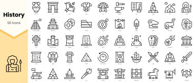 Tarih Simgeleri kümesi. Basit çizgi sanat simgeleri paketi. Vektör illüstrasyonu