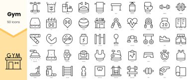 Jimnastik ikonu seti. Basit çizgi sanat simgeleri paketi. Vektör illüstrasyonu