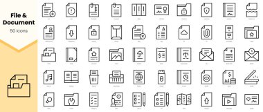 Dosya ve belge simgeleri kümesi. Basit çizgi sanat simgeleri paketi. Vektör illüstrasyonu