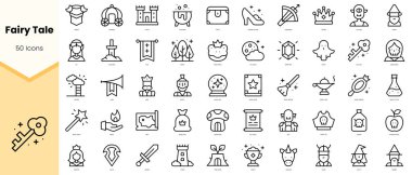 Bir dizi peri masalı ikonu. Basit çizgi sanat simgeleri paketi. Vektör illüstrasyonu