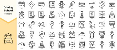 Sürücü kursunun simgeleri. Basit çizgi sanat simgeleri paketi. Vektör illüstrasyonu