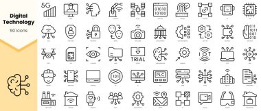 Dijital teknoloji simgeleri seti. Basit çizgi sanat simgeleri paketi. Vektör illüstrasyonu