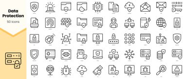 Veri koruma simgeleri seti. Basit çizgi sanat simgeleri paketi. Vektör illüstrasyonu