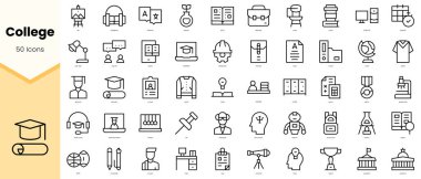 Üniversite ikonları seti. Basit çizgi sanat simgeleri paketi. Vektör illüstrasyonu