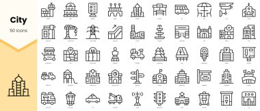 Şehir simgeleri seti. Basit çizgi sanat simgeleri paketi. Vektör illüstrasyonu