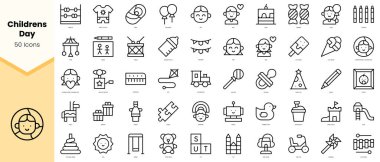 Çocuk günü simgeleri seti. Basit çizgi sanat simgeleri paketi. Vektör illüstrasyonu