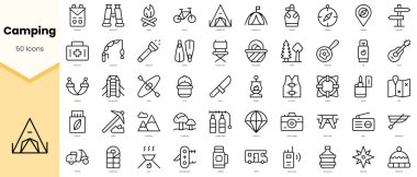 Kamp simgeleri seti. Basit çizgi sanat simgeleri paketi. Vektör illüstrasyonu