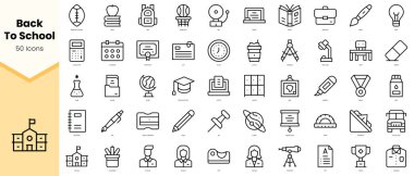 Okul ikonlarının setine. Basit çizgi sanat simgeleri paketi. Vektör illüstrasyonu