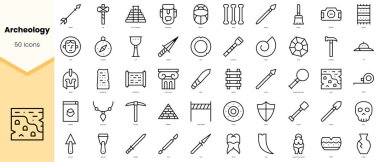Arkeoloji Simgeleri. Basit çizgi sanat simgeleri paketi. Vektör illüstrasyonu