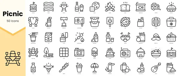 Bir grup piknik ikonu. Basit çizgi sanat simgeleri paketi. Vektör illüstrasyonu