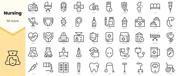 Hemşirelik ikonları. Basit çizgi sanat simgeleri paketi. Vektör illüstrasyonu