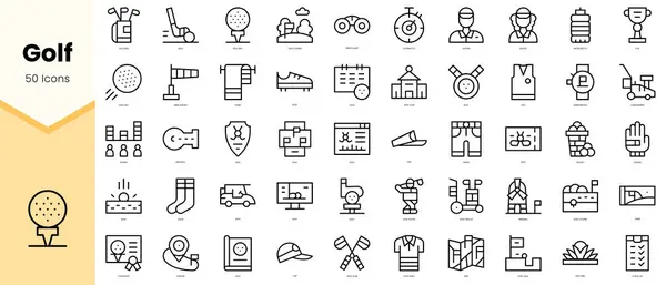 Bir grup golf ikonu. Basit çizgi sanat simgeleri paketi. Vektör illüstrasyonu