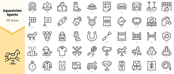 Bir dizi binicilik sporu ikonu. Basit çizgi sanat simgeleri paketi. Vektör illüstrasyonu