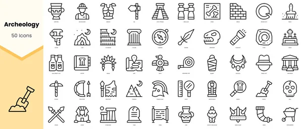 Arkeoloji Simgeleri. Basit çizgi sanat simgeleri paketi. Vektör illüstrasyonu