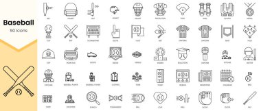 Beyzbol simgelerinin basit ana hatları. Doğrusal biçim simgeleri paketlendi. Vektör illüstrasyonu