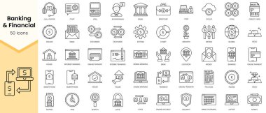 Bankacılık ve Finans ikonlarının basit ana hatları. Doğrusal biçim simgeleri paketlendi. Vektör illüstrasyonu