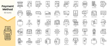 Basit Tasarı ve Ödeme Yöntemi simgeleri. Doğrusal biçim simgeleri paketlendi. Vektör illüstrasyonu