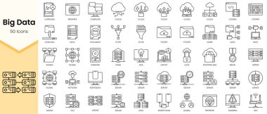 Büyük Veri Simgelerinin Basit Taslak Seti. Doğrusal biçim simgeleri paketlendi. Vektör illüstrasyonu