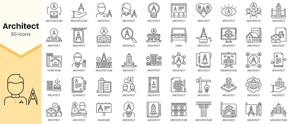Mimarlık simgelerinin Basit Taslak Kümesi. Doğrusal biçim simgeleri paketlendi. Vektör illüstrasyonu