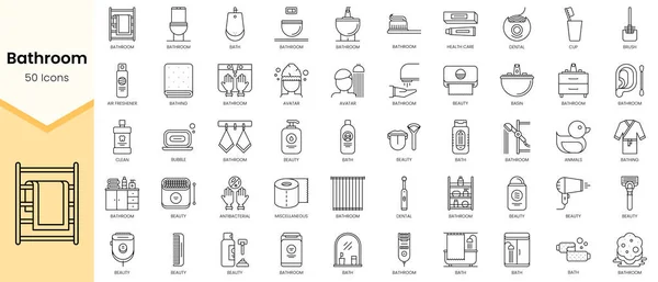Banyo simgelerinin basit taslağı. Doğrusal biçim simgeleri paketlendi. Vektör illüstrasyonu