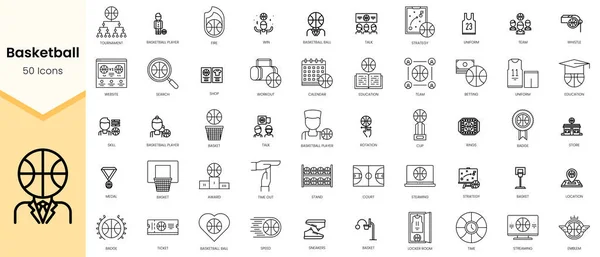 Basketbol ikonlarının basit taslak seti. Doğrusal biçim simgeleri paketlendi. Vektör illüstrasyonu