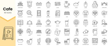 Cafe simgelerinin Basit Taslak Seti. Doğrusal biçim simgeleri paketlendi. Vektör illüstrasyonu