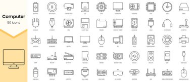 Basit Bilgisayar Simgeleri Taslak Kümesi. Doğrusal biçim simgeleri paketlendi. Vektör illüstrasyonu