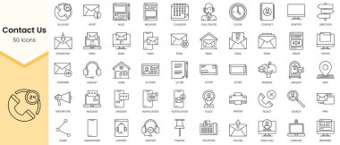 İletişim Bizleri simgelerinin basit ana hatları. Doğrusal biçim simgeleri paketlendi. Vektör illüstrasyonu