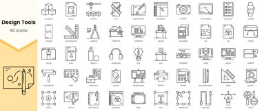 Basit Tasarım Aletleri Tasarım Seti simgeleri. Doğrusal biçim simgeleri paketlendi. Vektör illüstrasyonu