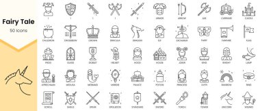 Peri Masalı simgelerinin basit ana hatları. Doğrusal biçim simgeleri paketlendi. Vektör illüstrasyonu