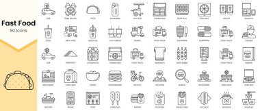 Fast Food ikonlarının basit ana hatları. Doğrusal biçim simgeleri paketlendi. Vektör illüstrasyonu