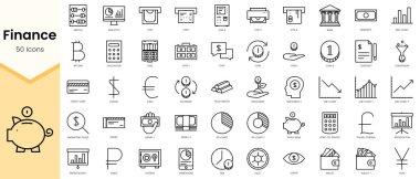 Basit Taslak Finans Dizisi simgeleri. Doğrusal biçim simgeleri paketlendi. Vektör illüstrasyonu