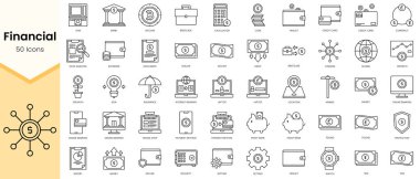 Finansal simgelerin basit ana hatları. Doğrusal biçim simgeleri paketlendi. Vektör illüstrasyonu